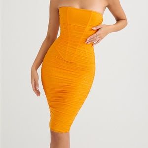 House of CB Julianna Tangerine Strapless Ruched Midi Dress